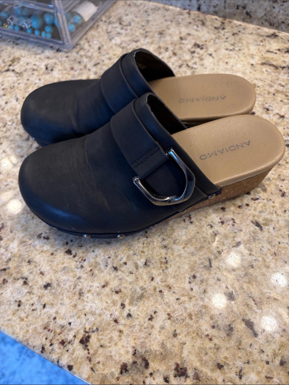 Andiamo Black Leather Buckle Clog Mule